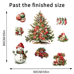 Detailed view of Christmas tree and snowman wall decals with size markings for decor