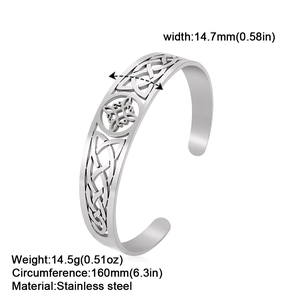 Polished stainless steel Celtic knot cuff bracelet 14.7mm wide with dimensions info