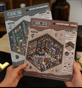 Detail showing pixel-style 3D miniature adventure stickers for creative journaling