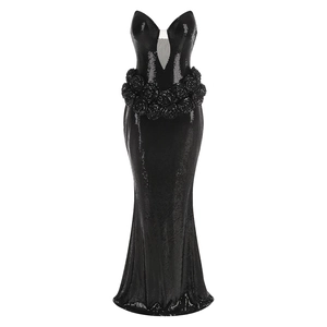 Deep V-neck black sequined mermaid evening gown with rose floral waist detail