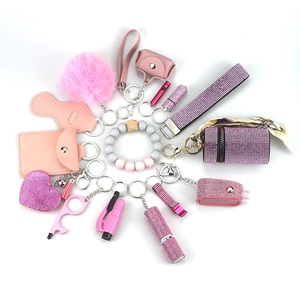 Set porte-clés sécurité rose 15 pièces avec pompon, bracelet perlé et porte-cartes