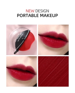 Macro view of matte lipstick texture and application of creative red lip shape design