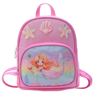 Pink sequin mermaid backpack for girls with shell and starfish 3D decorations