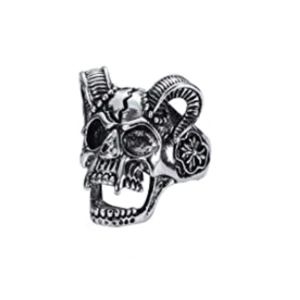 Gothic punk silver skull ring with sheep horns made of durable stainless steel for men