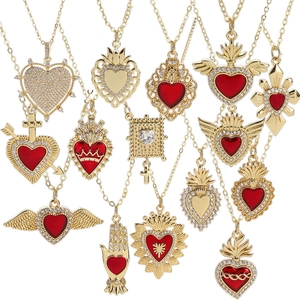 Heart Pendant Necklace Gold Plated Copper Cubic Zirconia Enamel Sacred Heart Wings Crown Cross Clavicle Chain For Women