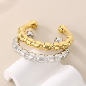 Stainless Steel Hollow Segmented Bead Open Cuff Bangle Bracelet 18K Gold Plated Irregular Vintage Minimalist Jewelry