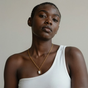 Gros plan d'un collier doré 18 carats avec pendentif rectangulaire en nacre sur mannequin