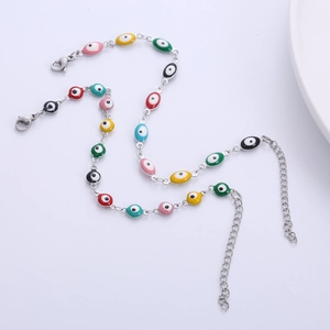 Silver evil eye bracelet with colorful oval enamel charms and adjustable lobster clasp chain