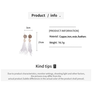 Detailed size and material info card for long white feather fringe tassel earrings