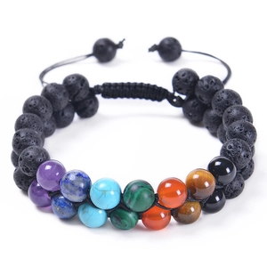 Double Layer Natural Lava Rock 7 Chakra Beaded Bracelet Adjustable Braided Rope Healing Energy Stone Jewelry Men Women