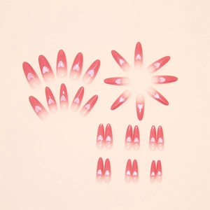 Detailed set of 24 long almond press-on nails with pink ombre and heart accents