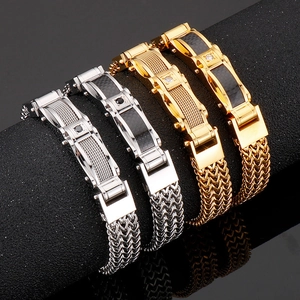 Bracelet Homme Acier Inoxydable Chaîne Tressée Avec Incrustation De Fibre De Carbone Zircone Punk Hip Hop
