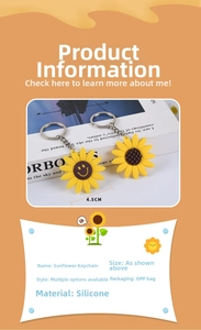 Detailed view of 4.5cm PVC sunflower keychain charms showing silicone texture and smiling face