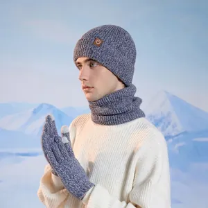 Winter knitted hat scarf and gloves set with earmuffs and touchscreen fingers in blue grey