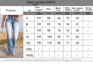 Detailed size chart for high waist stretch slim jeans including length, waist, and hip info