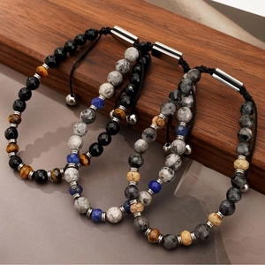 Adjustable tiger eye and lapis lazuli beaded bracelet set with woven cord for men