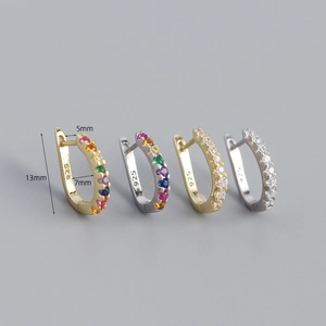 Detail of 925 sterling silver U-shaped earrings with colorful zircon and 13mm size info