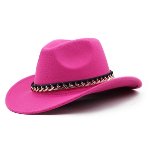 Detailed side view of hot pink wool fedora hat featuring a stylish gold chain decoration