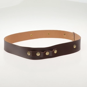 Close-up of rolled brown leather belt with brass rivets and snap button fasteners