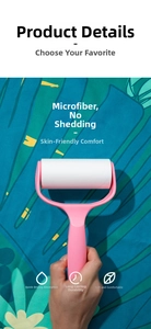 Detail of pink lint roller handle and microfiber surface with quick-dry and soft icons
