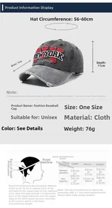 Detailed size chart for retro washed denim baseball cap with dimensions and fit guide