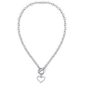 Detail of silver toggle clasp link chain necklace with a hollow heart pendant