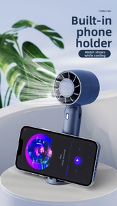 Detail view of the deep blue handheld turbo fan with integrated smartphone stand feature