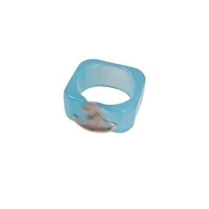 Minimalist square resin ring with silver Saturn emblem in light blue Y2K style