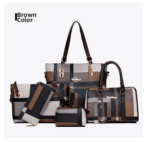 Détail de l'ensemble 6 pièces de sacs à main marron à carreaux avec sac fourre-tout et portefeuille