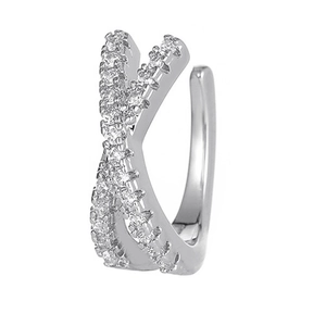Minimalist silver crisscross ear cuff earring with sparkling zircon stone inlay