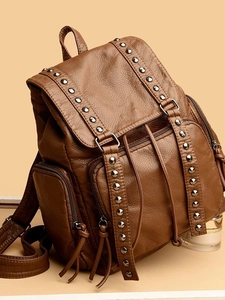 Women Fashion Backpack Vintage Rivet PU Leather Large Capacity Waterproof Travel School Bag With Tassel Zipper