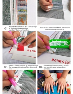 DIY diamond painting kit set showing canvas, drill pen, clay, tray, and colored beads