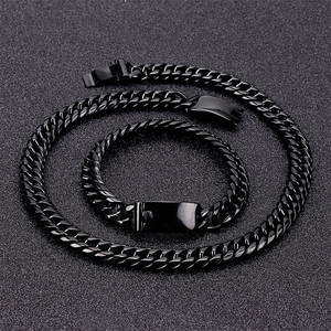 Ensemble collier et bracelet gourmette en acier inoxydable noir poli pour hommes