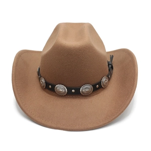 Detail of camel wool felt cowboy hat featuring black leather band and silver buckles