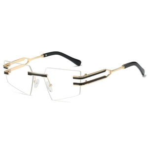 Fashion rimless sunglasses with cut-edge lenses and hollow gold metal temples for women