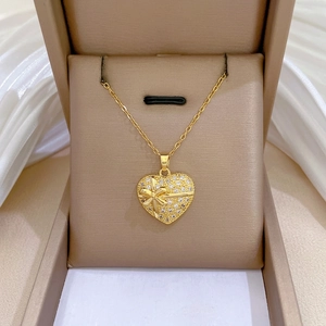 Collier Pendentif Coeur Plaqué Or Acier Inoxydable Cuivre Zircon Noeud Pavé Strass Bijoux Élégants Pour Femmes