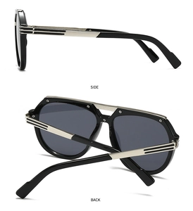 Side and back view of retro oversized sunglasses with metallic silver trim accents