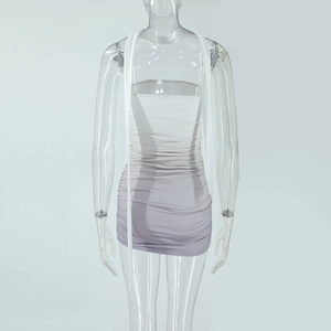 Detail view of the back gradient ruched dress with decorative white ribbons