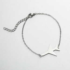 Polished stainless steel airplane charm bracelet with adjustable chain and lobster clasp