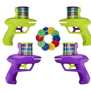 UFO disc launcher toy set with 4 hand guns and 10 colorful flying saucers for kids
