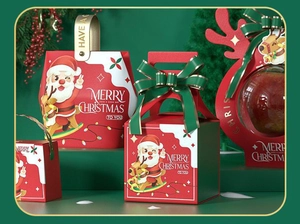 Collection of festive red and green Christmas gift boxes with Merry Christmas lettering