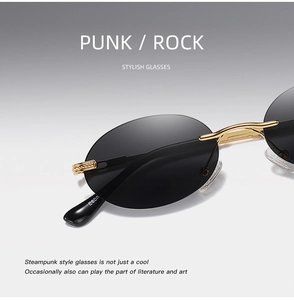 Detailed close-up of gold woven texture on rimless punk sunglasses temple with E808 stamp