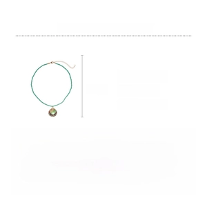Detail of beaded necklace showing green glass beads and alloy pendant with measurements