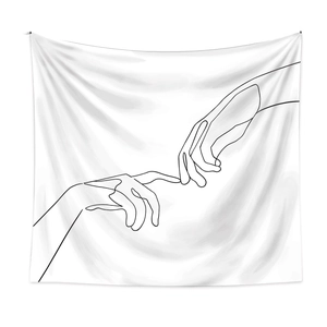 Detailed view of minimalist line art tapestry with soft fabric texture and finger touch design