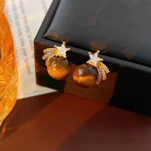 Gros plan de boucles d'oreilles oeil de tigre avec zircon étoilé sur écrin à bijoux