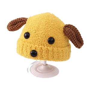 Bonnet tricoté jaune pour enfants avec oreilles de chien et visage de dessin animé