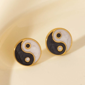 Classic Tai Chi Yin Yang stud earrings in black and white enamel with gold stainless steel edges