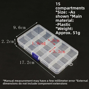 Detailed view of 15-compartment transparent plastic jewelry box with dimensions