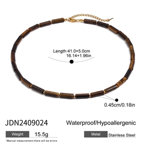 Detail of tiger eye bead necklace with 41+5cm stainless steel chain and lobster clasp