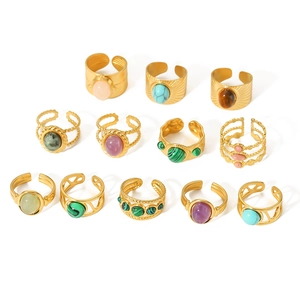 Set of 12 vintage 18k gold plated stainless steel rings with colorful natural stones